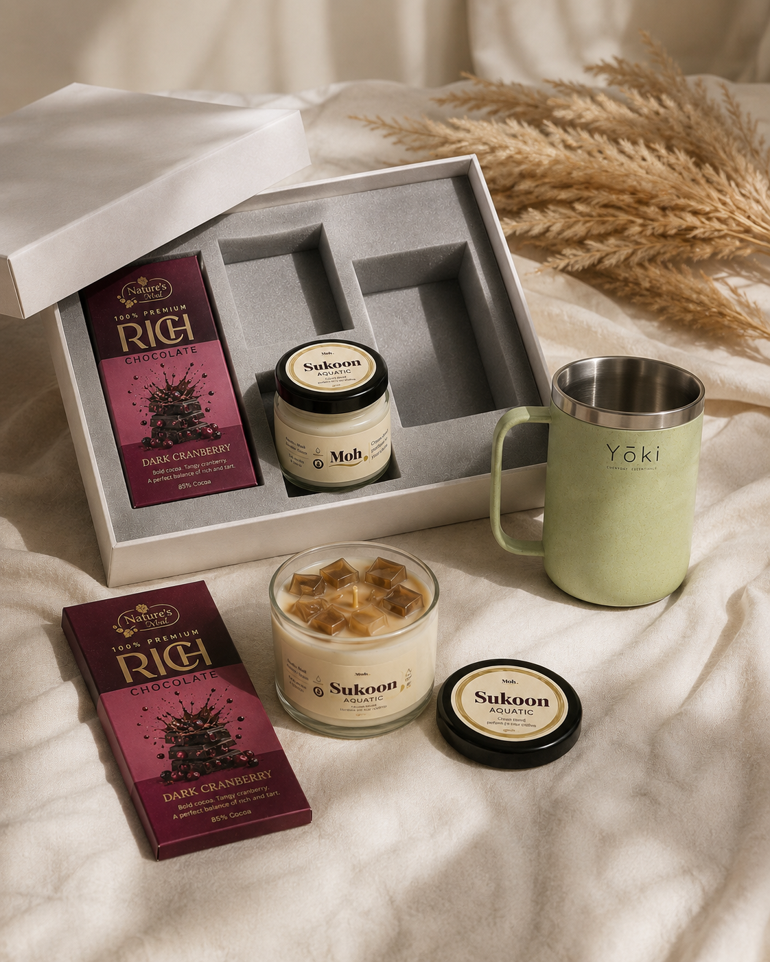 Calm & Cozy luxury gift hamper by Pitara Studio — 4 pieces from independent Indian makers in Signature Box with Foam Insert