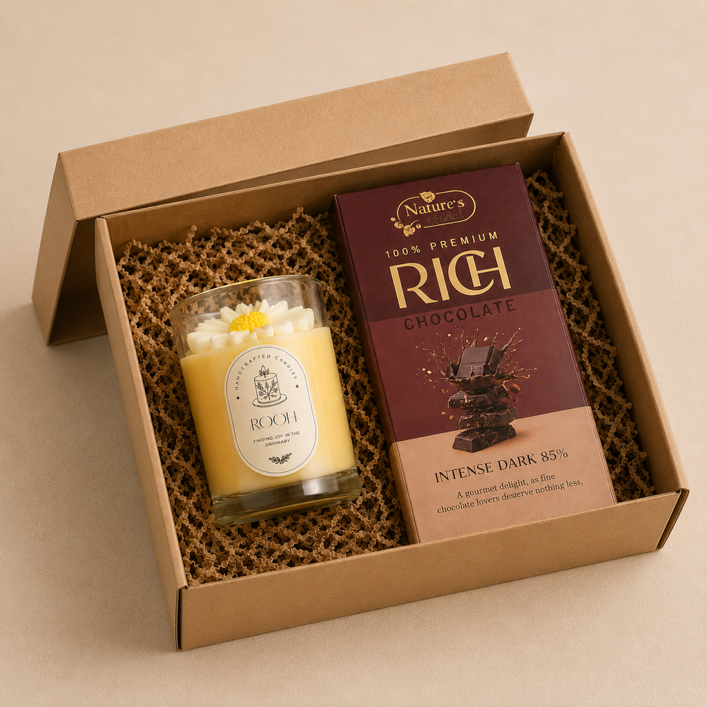 Candle & Chocolate luxury gift hamper by Pitara Studio — 2 pieces from independent Indian makers in Eco Kraft Box