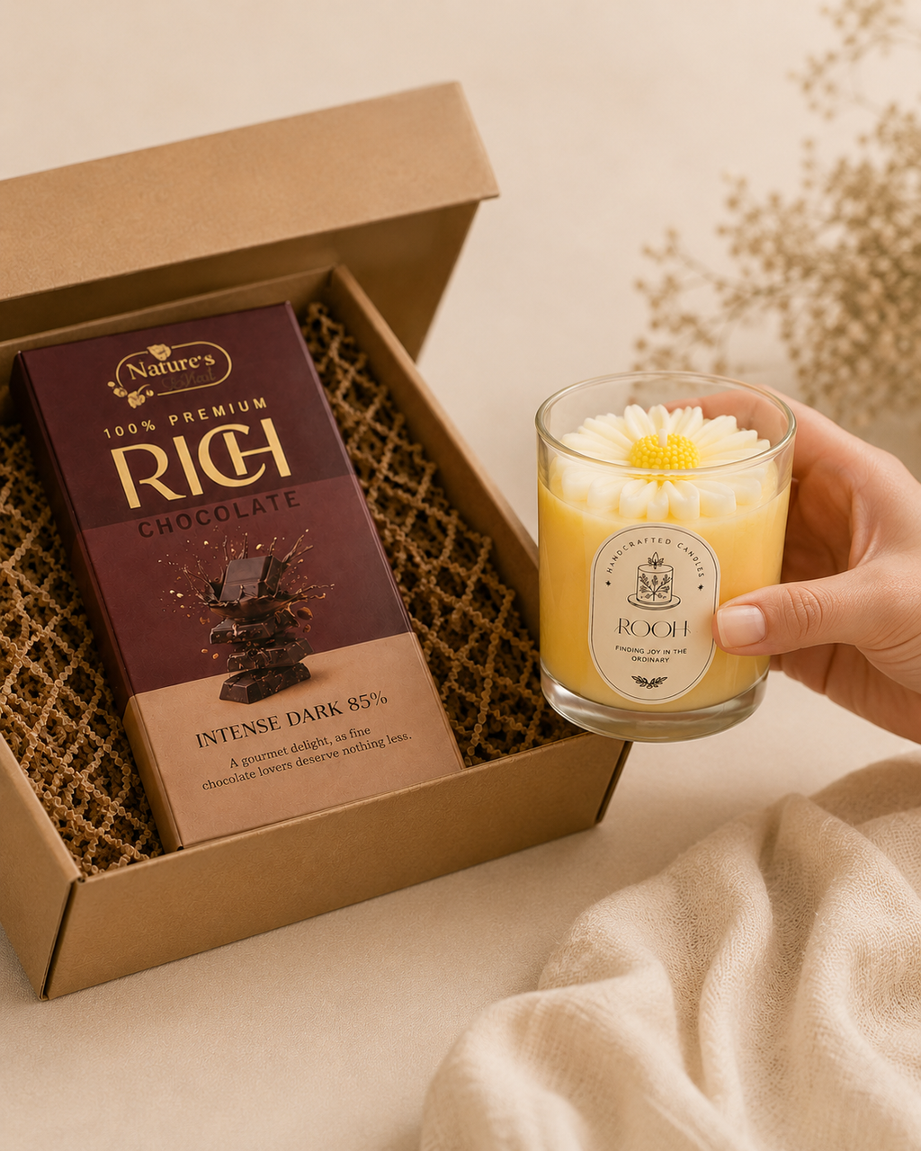 Candle & Chocolate luxury gift hamper by Pitara Studio — 2 pieces from independent Indian makers in Eco Kraft Box