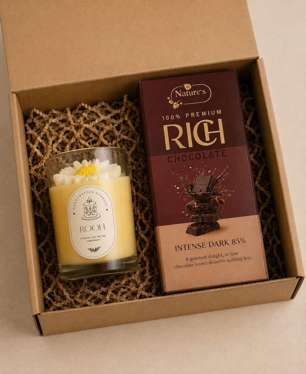 Candle & Chocolate luxury gift hamper by Pitara Studio — 2 pieces from independent Indian makers in Eco Kraft Box