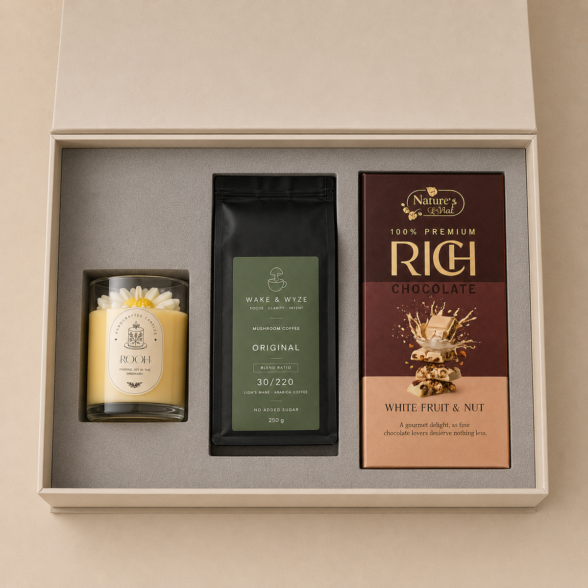 Candle & Coffee luxury gift hamper by Pitara Studio — 3 pieces from independent Indian makers in Signature Box with Foam Insert