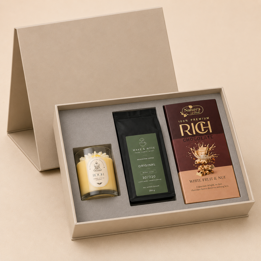 Candle & Coffee luxury gift hamper by Pitara Studio — 3 pieces from independent Indian makers in Signature Box with Foam Insert