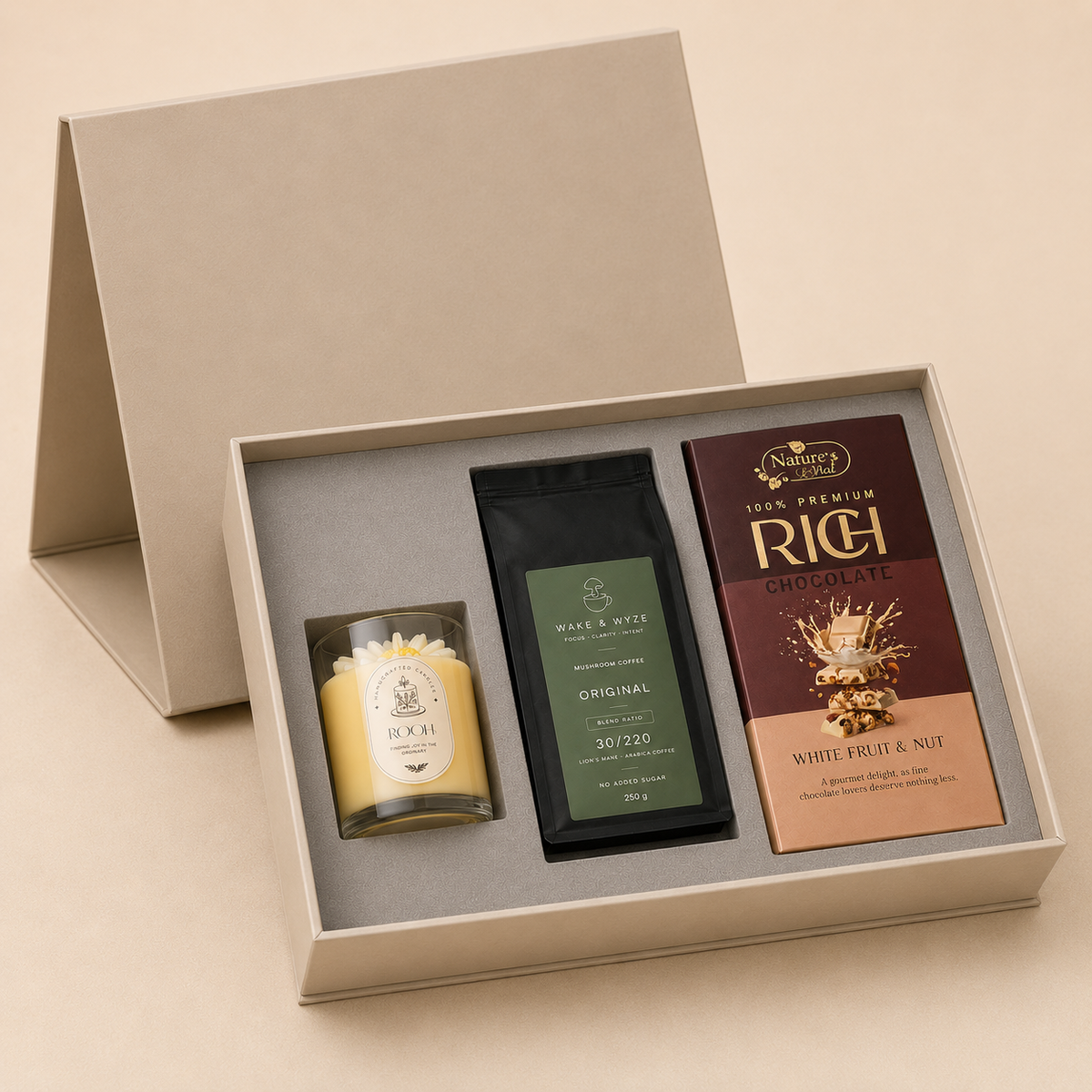 Candle & Coffee luxury gift hamper by Pitara Studio — 3 pieces from independent Indian makers in Signature Box with Foam Insert