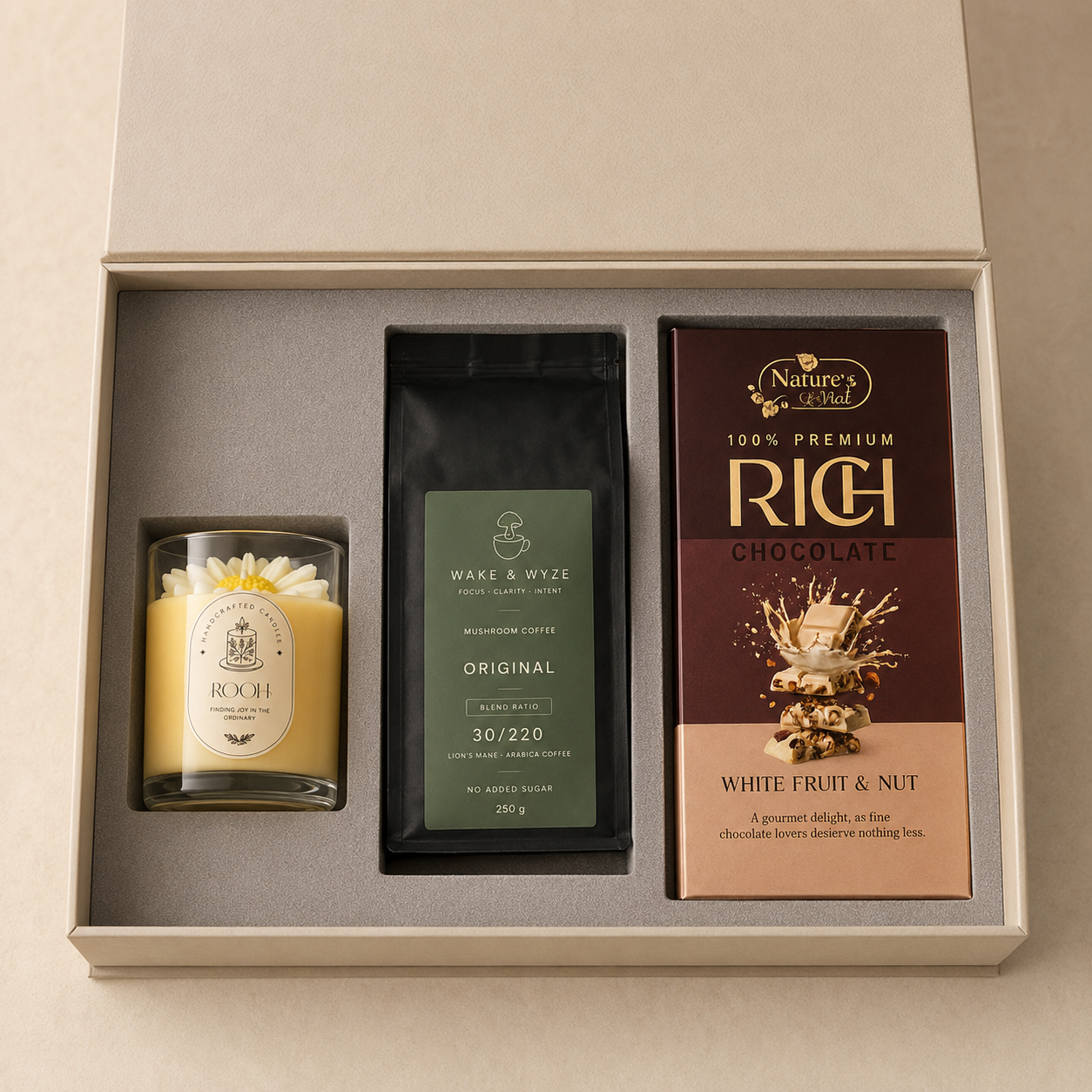 Candle & Coffee luxury gift hamper by Pitara Studio — 3 pieces from independent Indian makers in Signature Box with Foam Insert