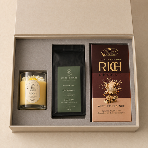 Candle & Coffee luxury gift hamper by Pitara Studio — 3 pieces from independent Indian makers in Signature Box with Foam Insert