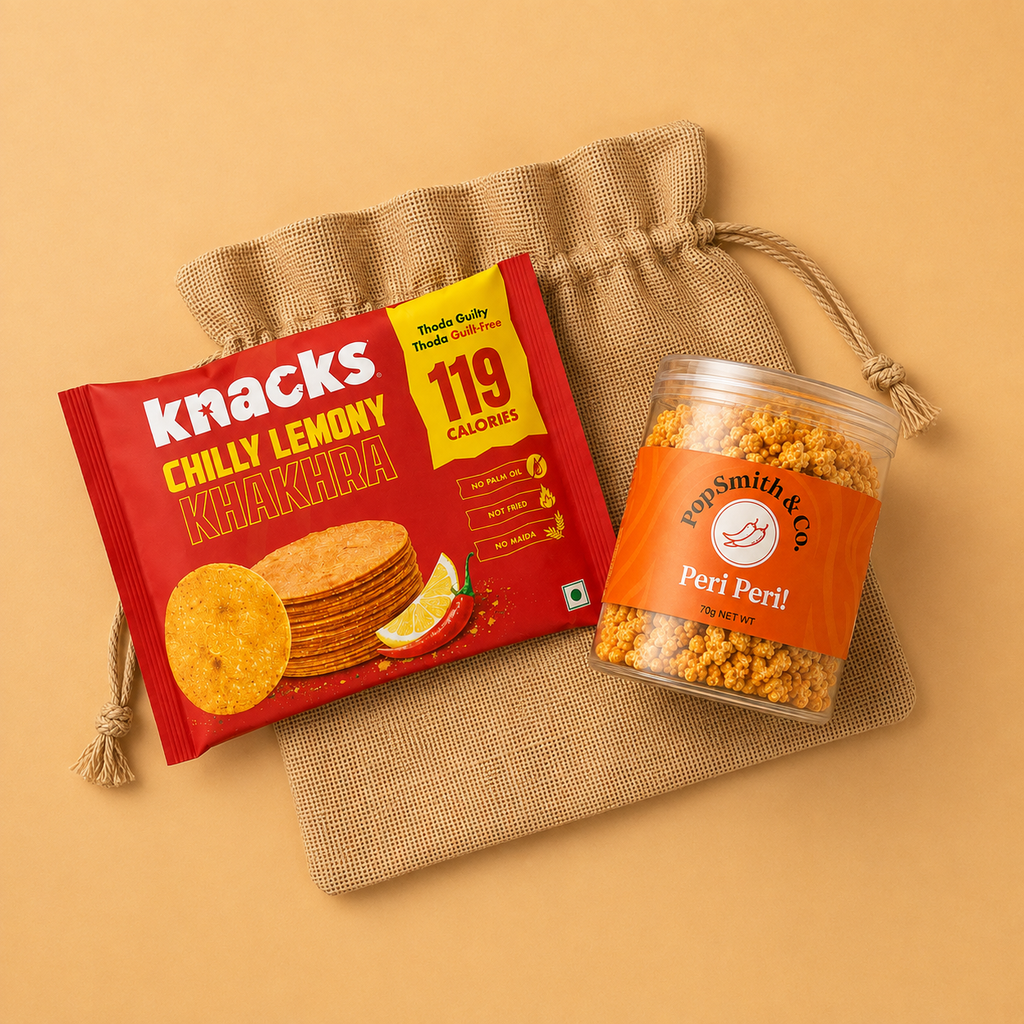 Chilli & Crunch luxury gift hamper by Pitara Studio — 2 pieces from independent Indian makers in Jute Potli