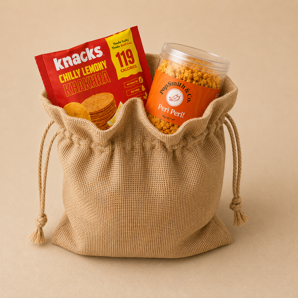 Chilli & Crunch luxury gift hamper by Pitara Studio — 2 pieces from independent Indian makers in Jute Potli