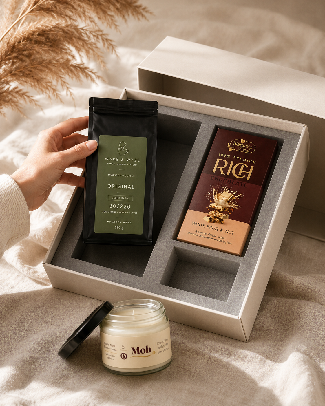 Coffee & Calm luxury gift hamper by Pitara Studio — 3 pieces from independent Indian makers in Signature Box with Foam Insert