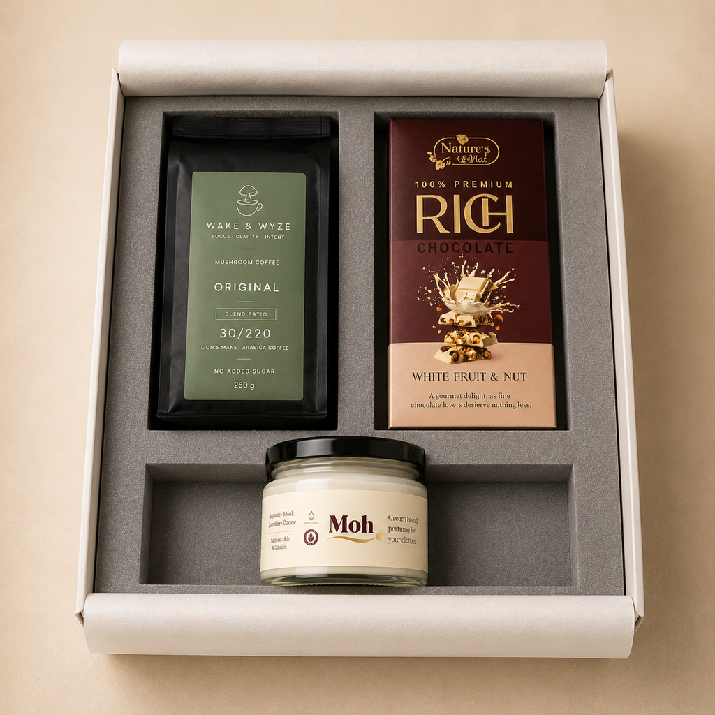 Coffee & Calm luxury gift hamper by Pitara Studio — 3 pieces from independent Indian makers in Signature Box with Foam Insert