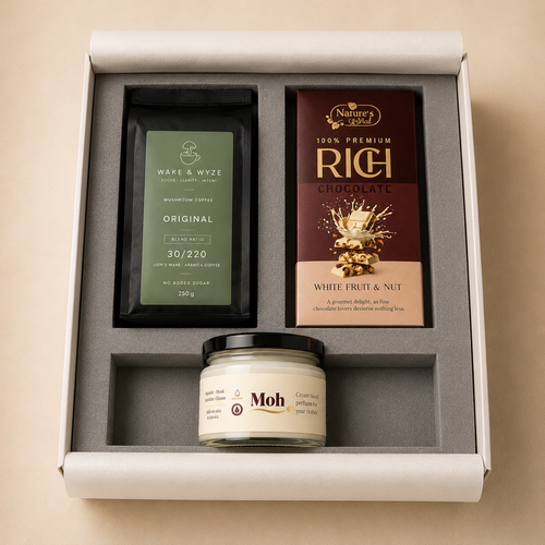 Coffee & Calm luxury gift hamper by Pitara Studio — 3 pieces from independent Indian makers in Signature Box with Foam Insert