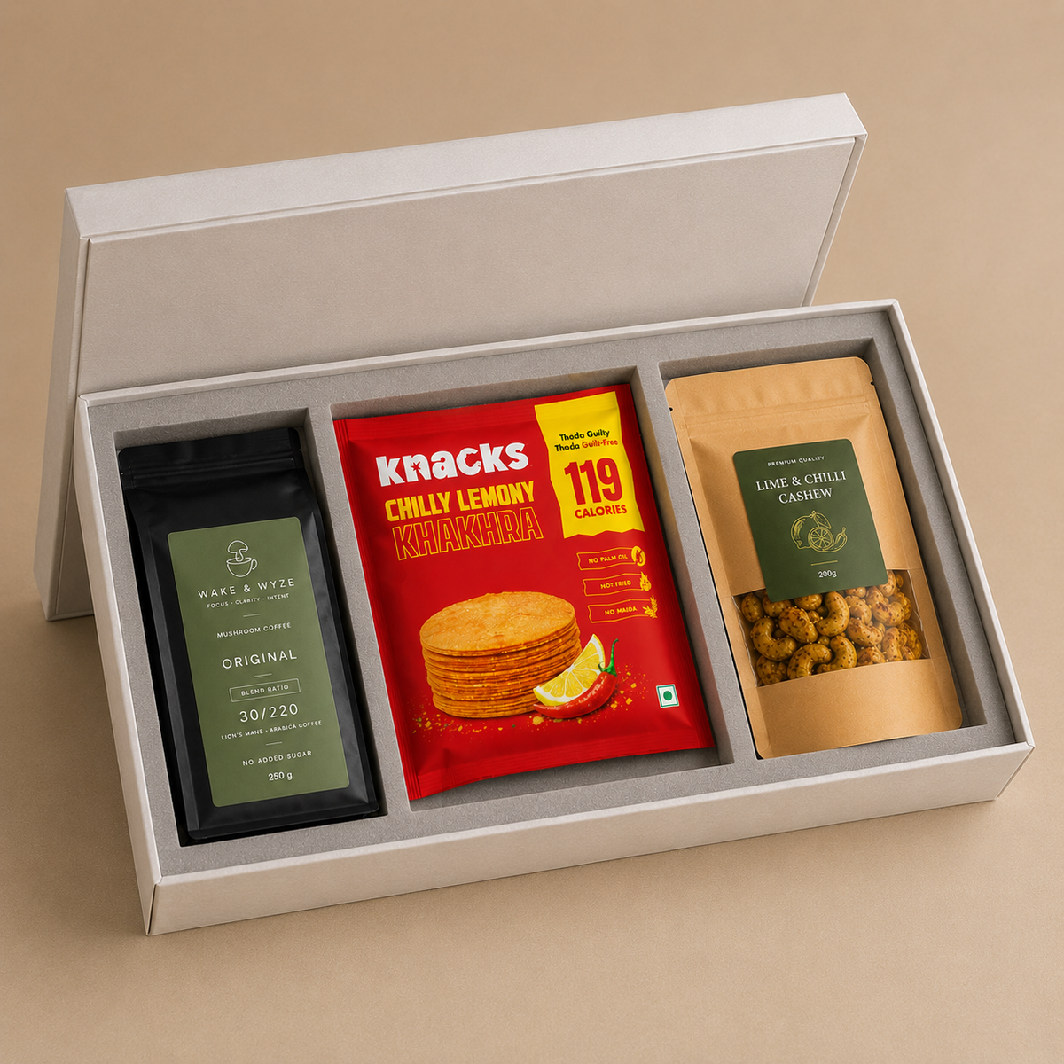 Coffee & Crunch luxury gift hamper by Pitara Studio — 3 pieces from independent Indian makers in Signature Box