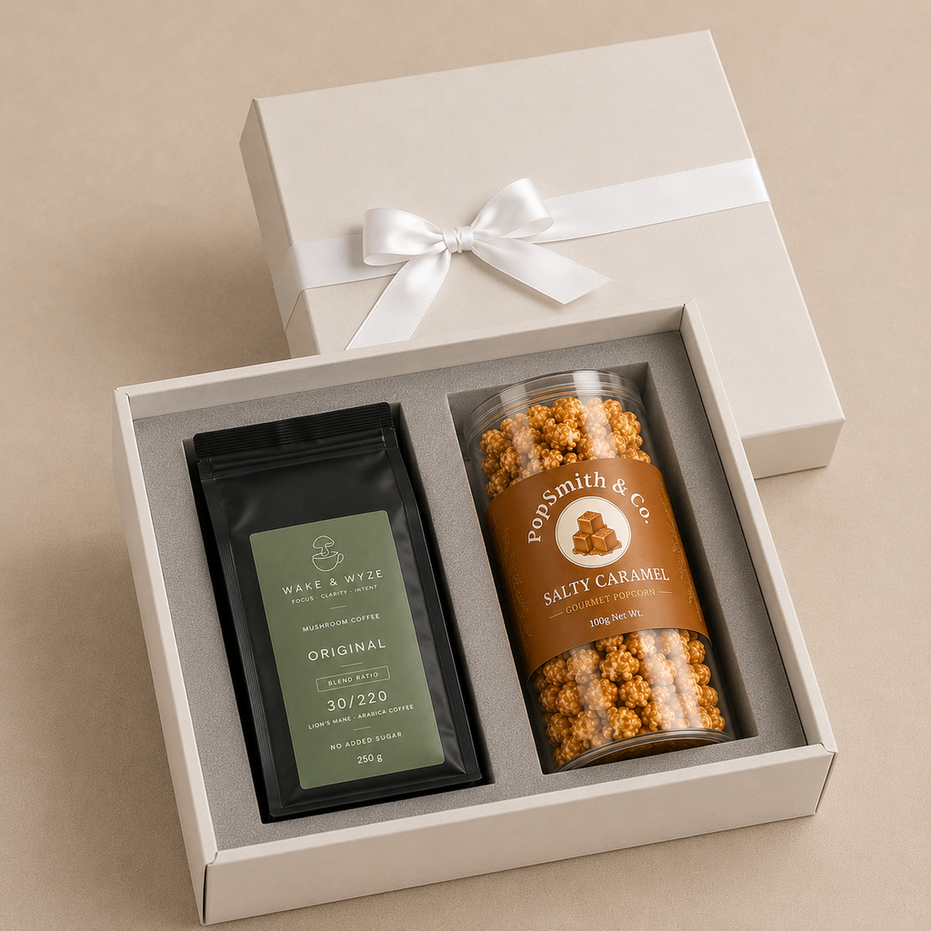 Coffee & Popcorn luxury gift hamper by Pitara Studio — 2 pieces from independent Indian makers in Signature Box