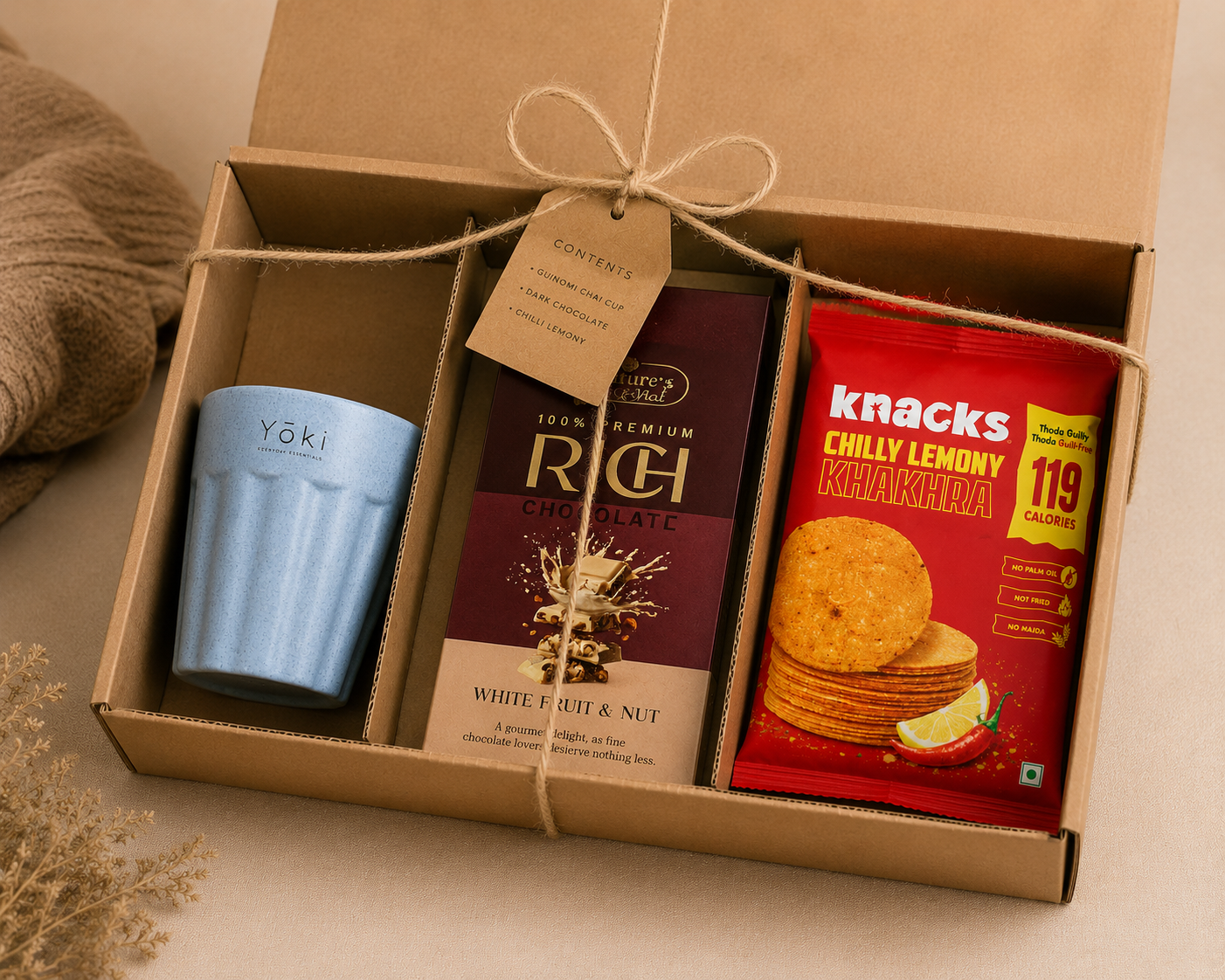 Cup & Crunch luxury gift hamper by Pitara Studio — 3 pieces from independent Indian makers in Eco Kraft Box
