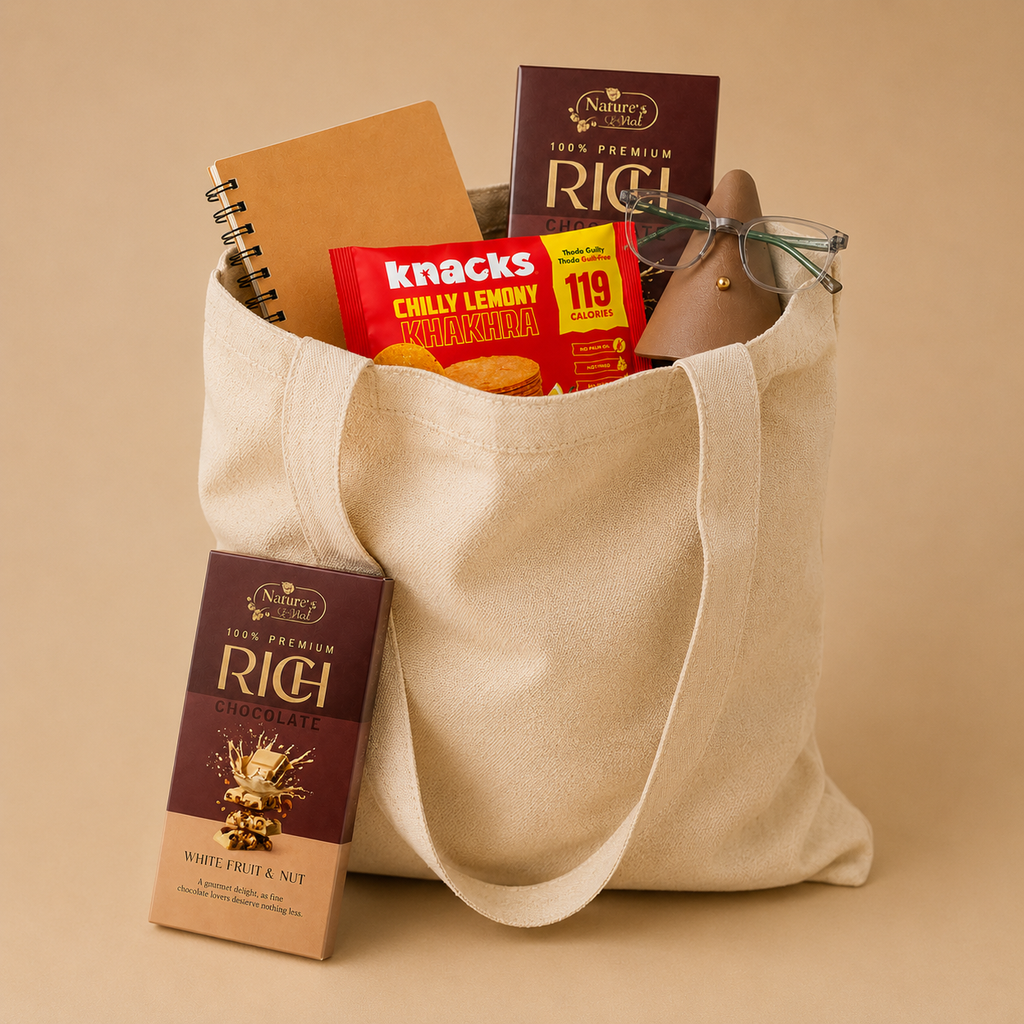 Desk & Delight luxury gift hamper by Pitara Studio — 4 pieces from independent Indian makers in Canvas Tote Kit