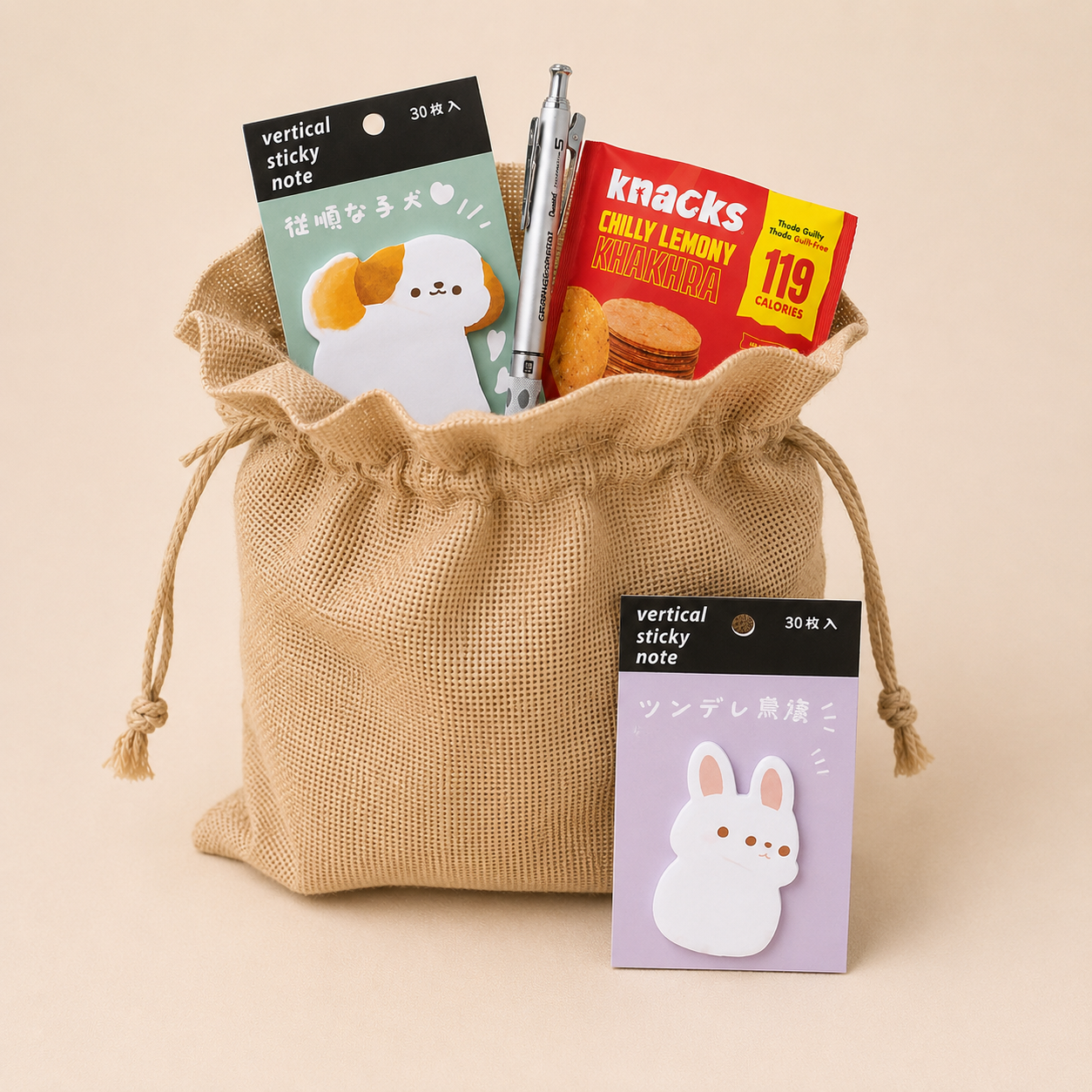 Desk Snack luxury gift hamper by Pitara Studio — 3 pieces from independent Indian makers in Jute Potli