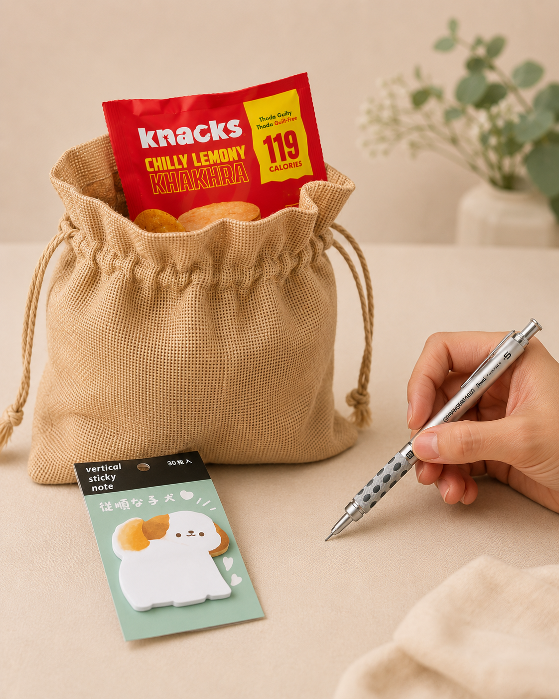 Desk Snack luxury gift hamper by Pitara Studio — 3 pieces from independent Indian makers in Jute Potli