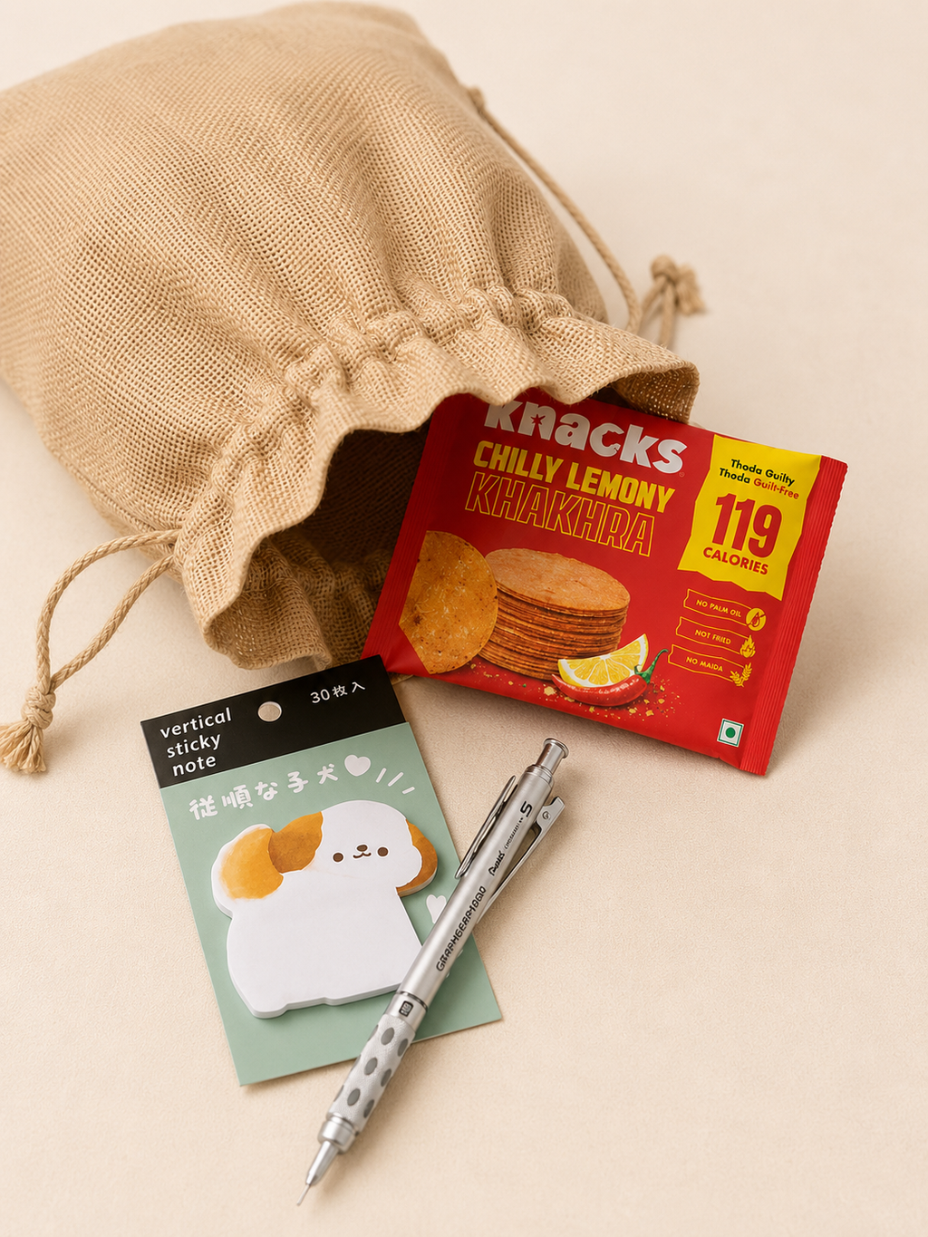 Desk Snack luxury gift hamper by Pitara Studio — 3 pieces from independent Indian makers in Jute Potli