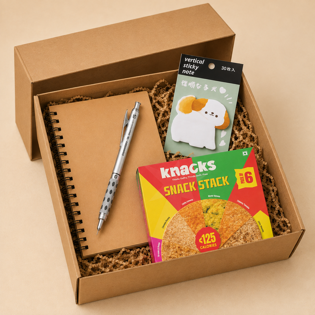 Desk Starter & Snacks luxury gift hamper by Pitara Studio — 4 pieces from independent Indian makers in Eco Kraft Box