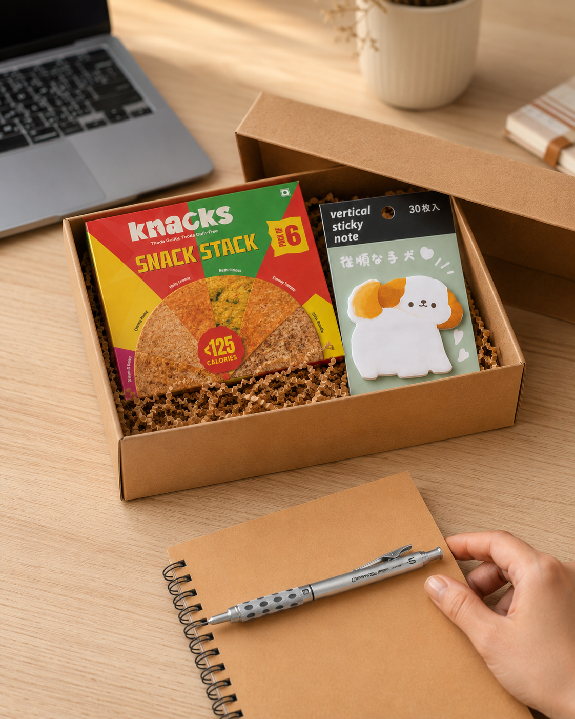 Desk Starter & Snacks luxury gift hamper by Pitara Studio — 4 pieces from independent Indian makers in Eco Kraft Box
