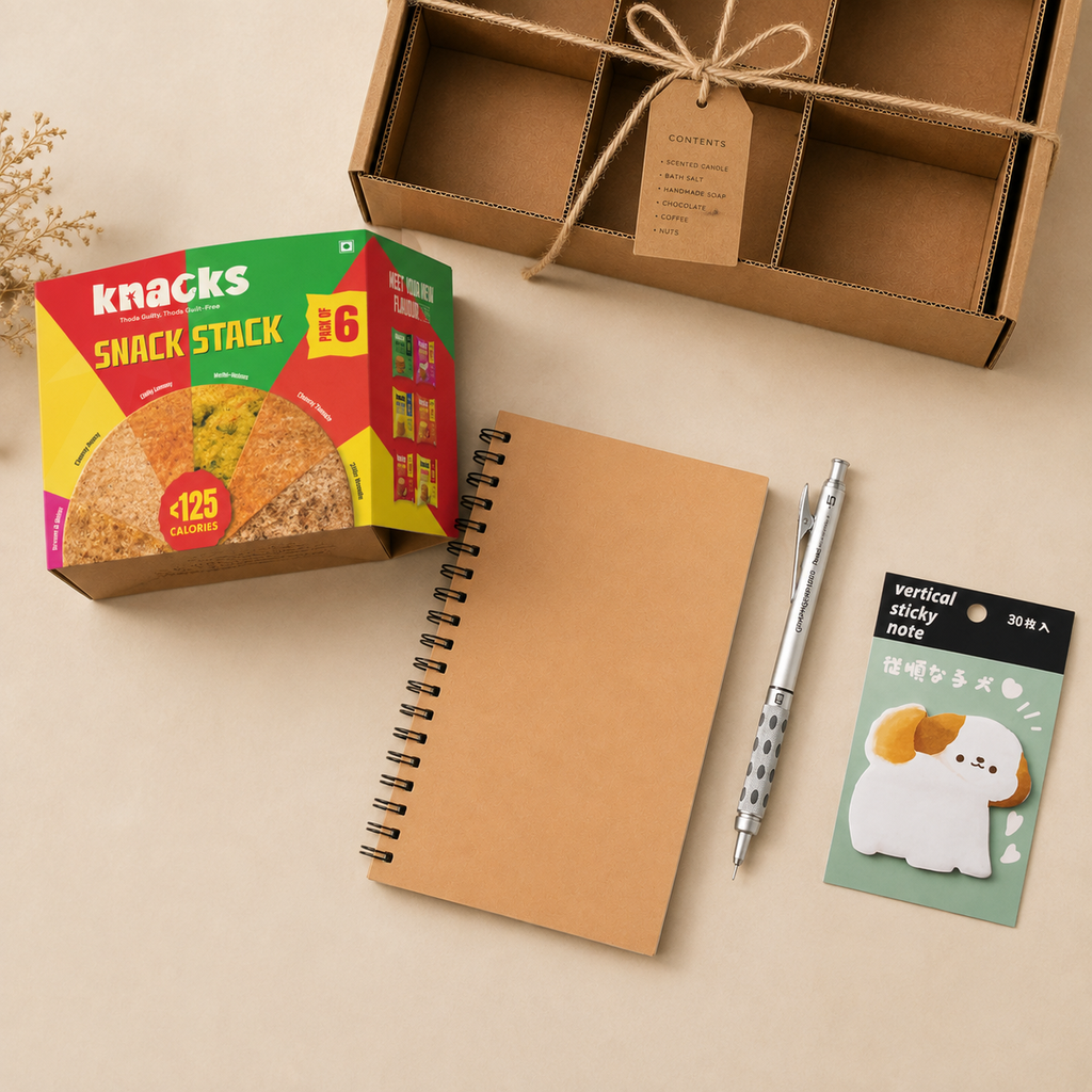 Desk Starter & Snacks luxury gift hamper by Pitara Studio — 4 pieces from independent Indian makers in Eco Kraft Box
