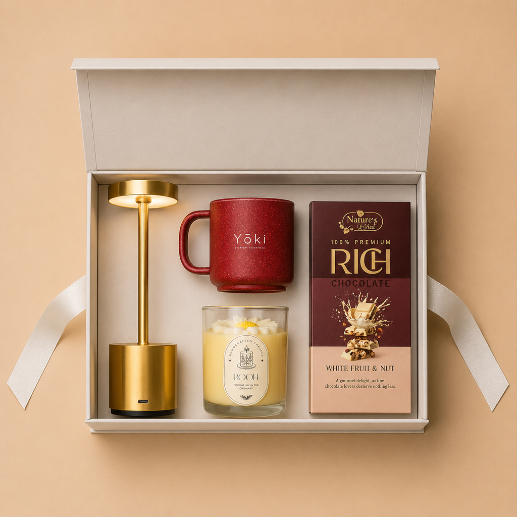 Executive Living luxury gift hamper by Pitara Studio — 4 pieces from independent Indian makers in Magnetic Gift Box