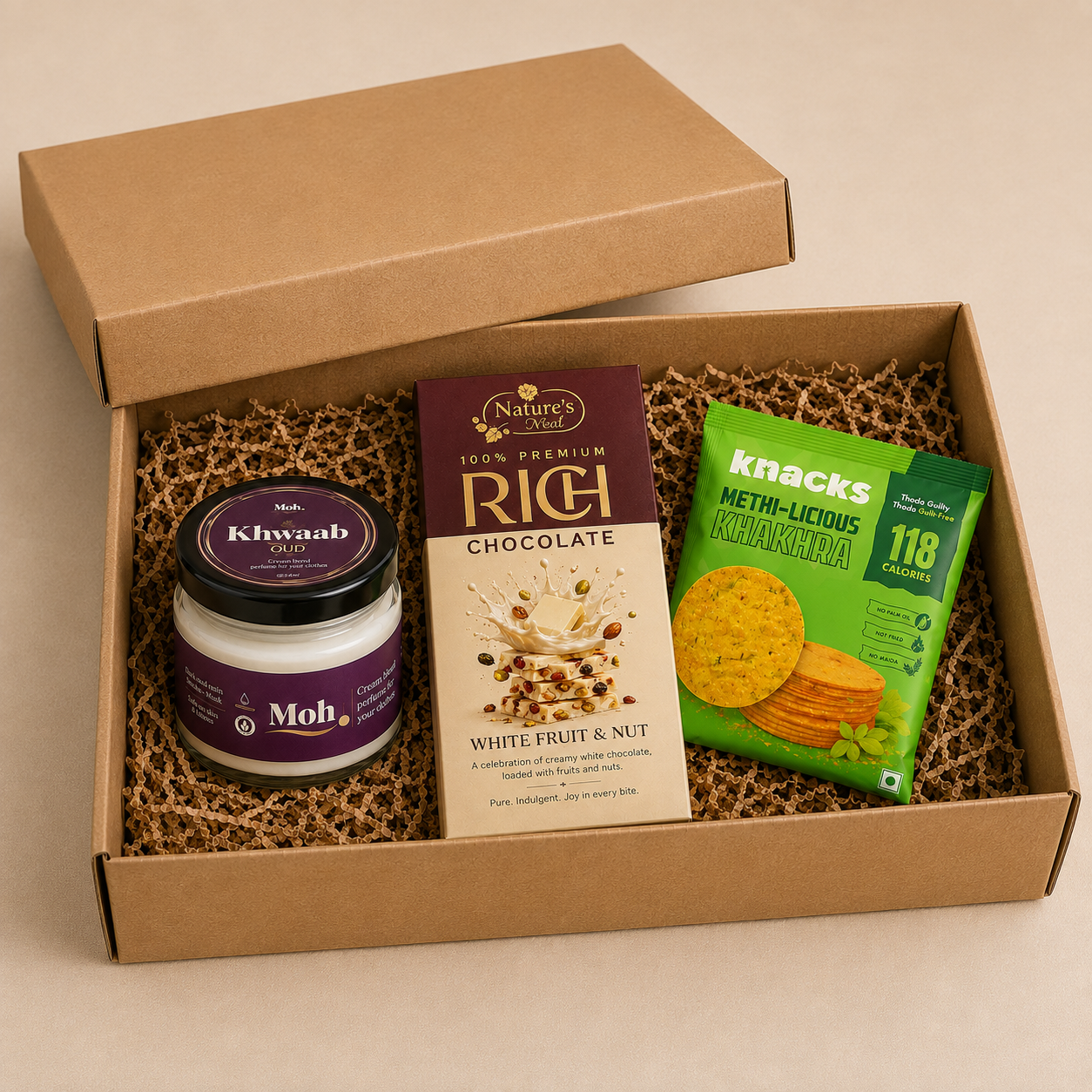 Fragrance & Indulgence luxury gift hamper by Pitara Studio — 3 pieces from independent Indian makers in Eco Kraft Box