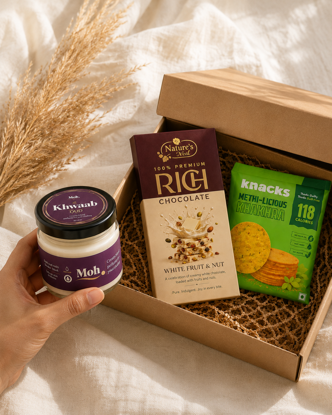 Fragrance & Indulgence luxury gift hamper by Pitara Studio — 3 pieces from independent Indian makers in Eco Kraft Box