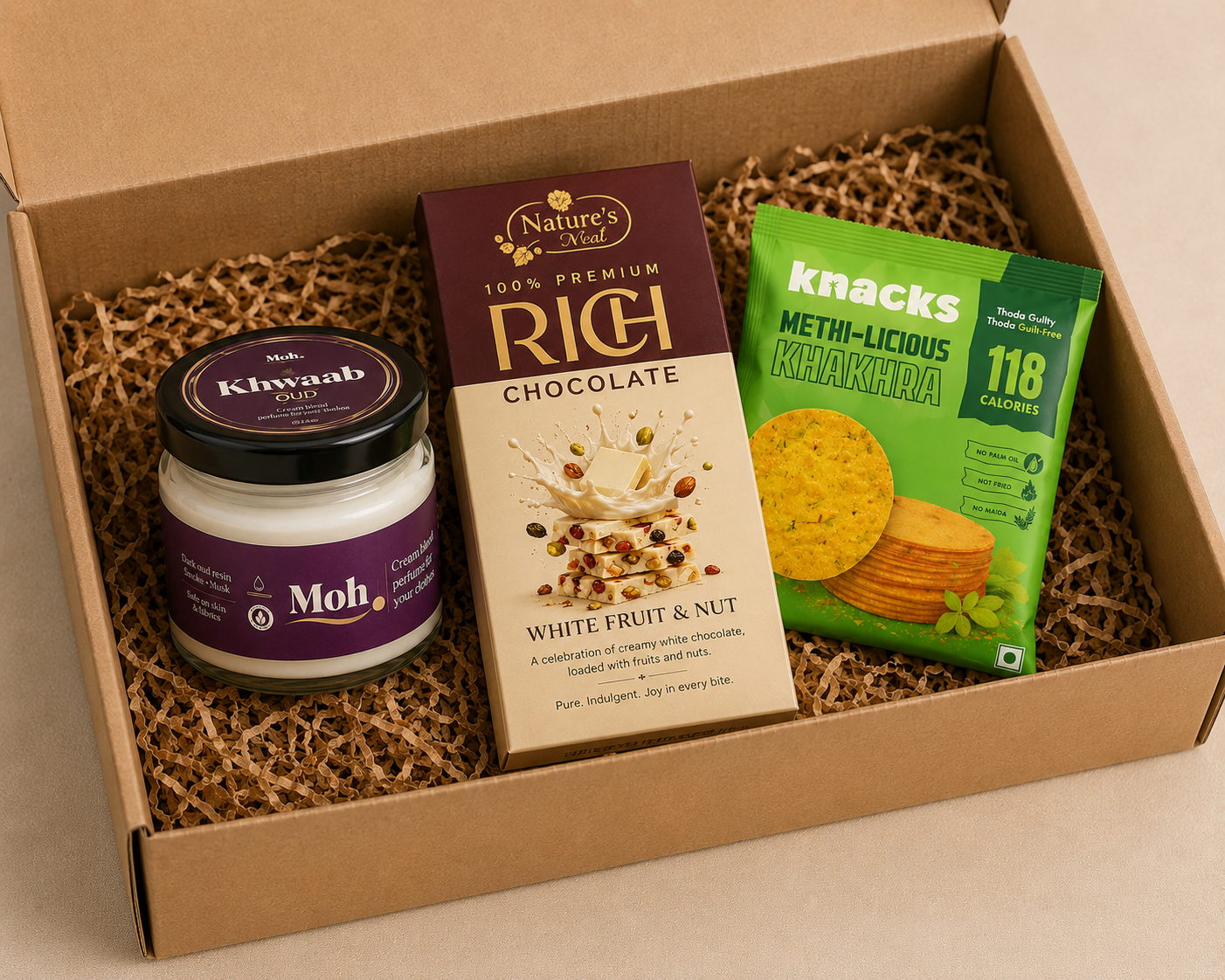 Fragrance & Indulgence luxury gift hamper by Pitara Studio — 3 pieces from independent Indian makers in Eco Kraft Box