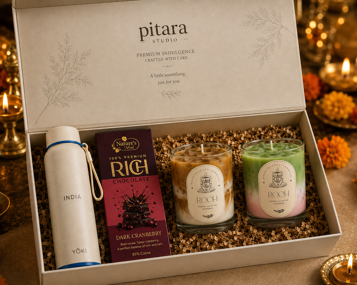 Frosty Cheer luxury gift hamper by Pitara Studio — 3 pieces from independent Indian makers in Magnetic Gift Box
