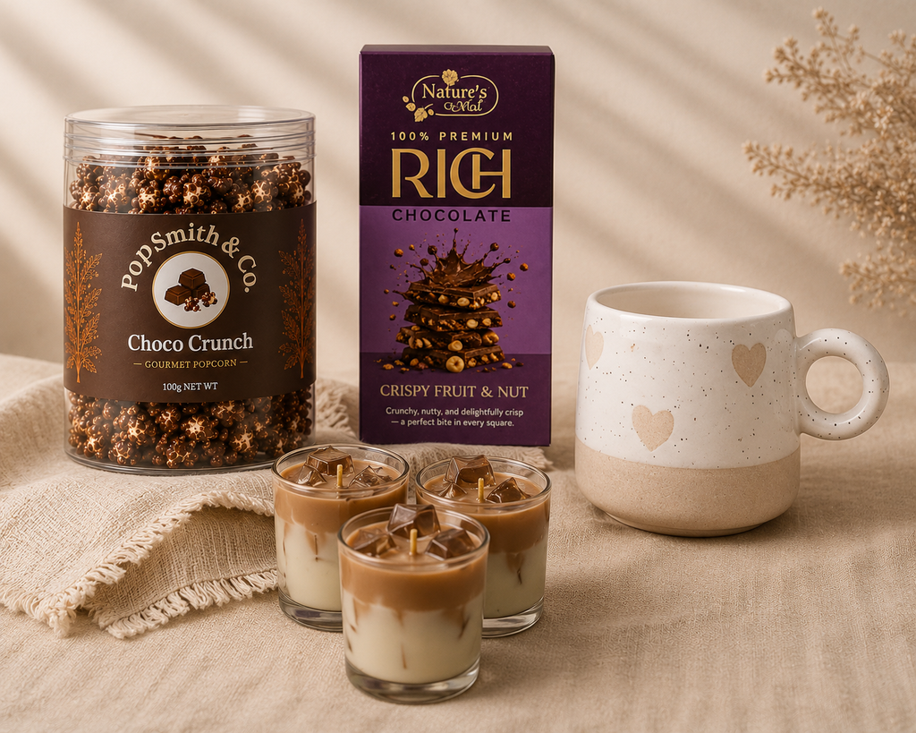 Hot Chocolate Club luxury gift hamper by Pitara Studio — 4 pieces from independent Indian makers in Signature Box with Foam Insert
