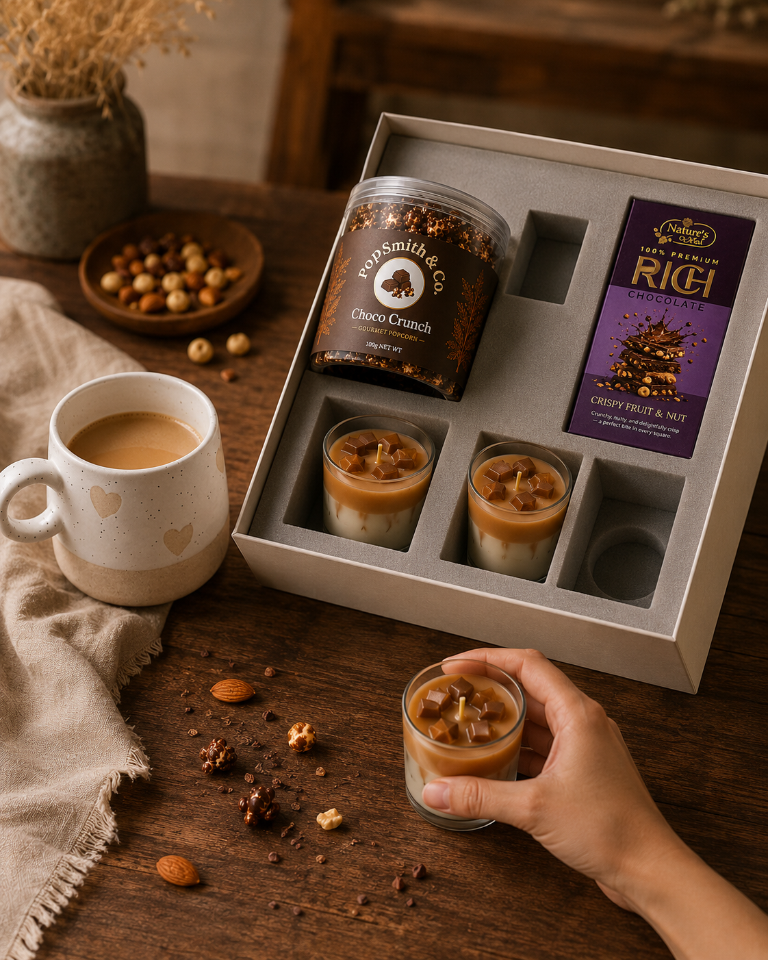 Hot Chocolate Club luxury gift hamper by Pitara Studio — 4 pieces from independent Indian makers in Signature Box with Foam Insert