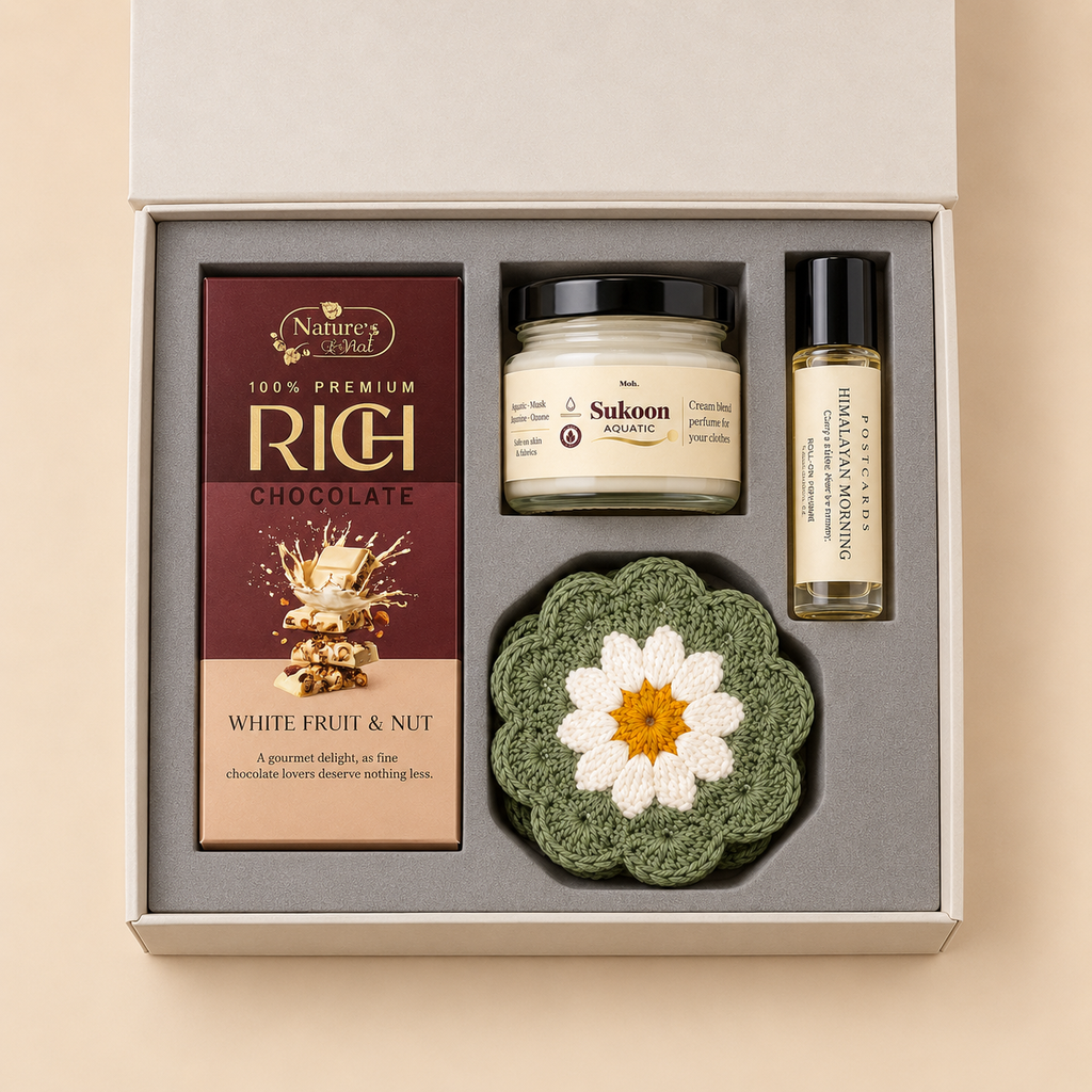 India Luxe luxury gift hamper by Pitara Studio — 4 pieces from independent Indian makers in Signature Box with Foam Insert