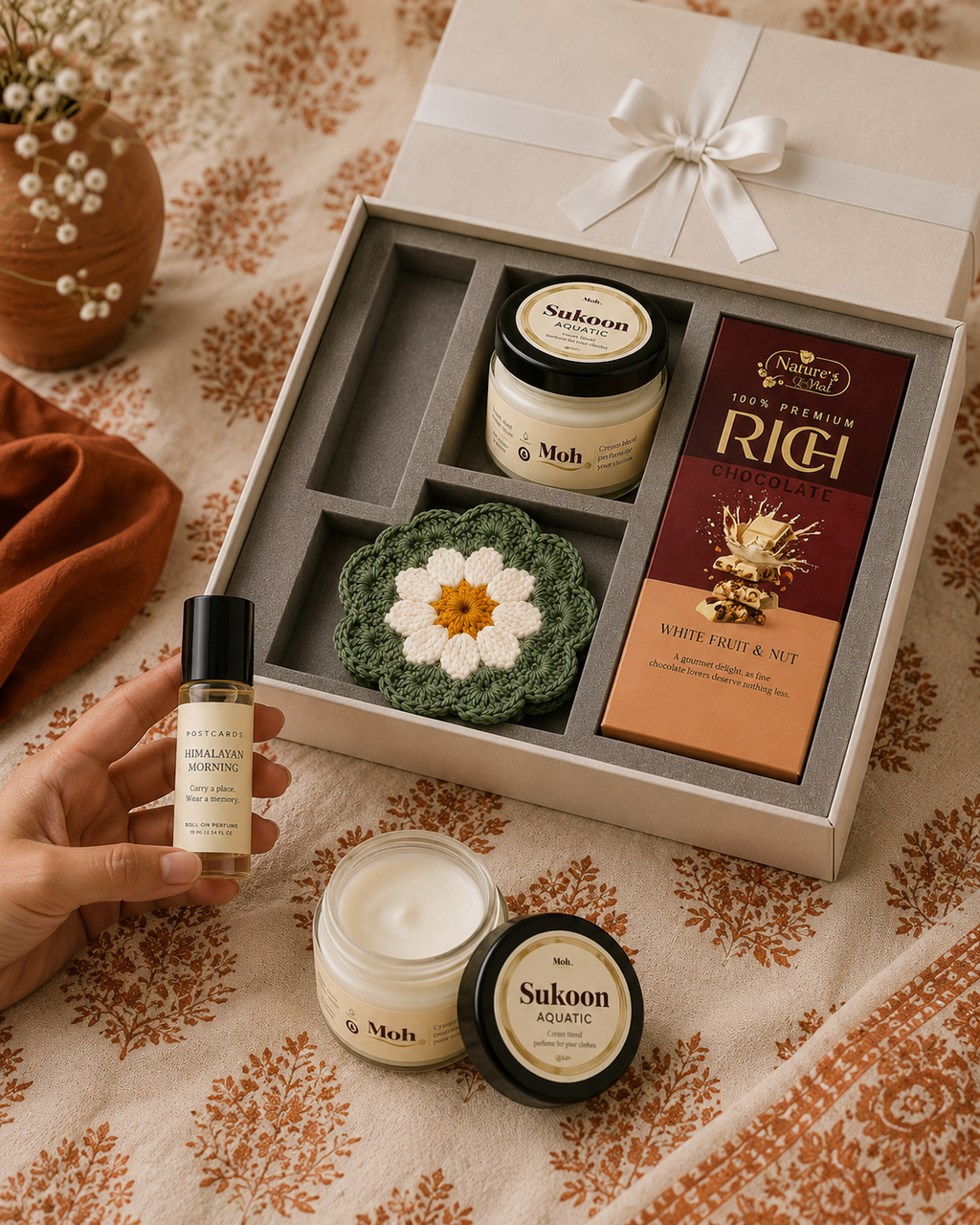India Luxe luxury gift hamper by Pitara Studio — 4 pieces from independent Indian makers in Signature Box with Foam Insert
