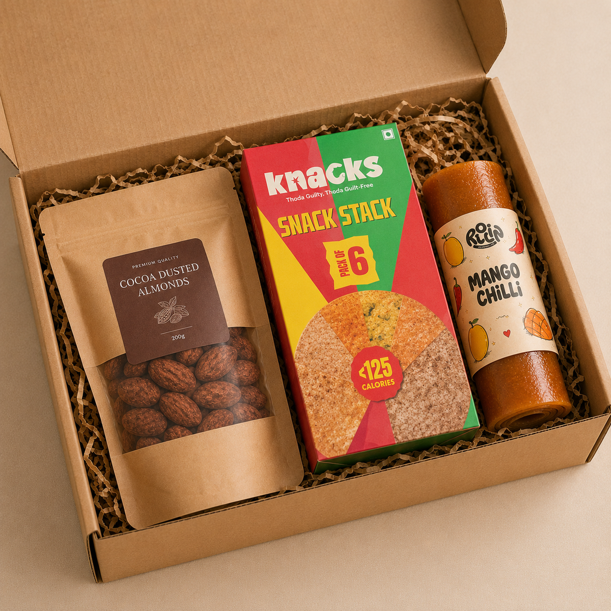 Indian Crunch luxury gift hamper by Pitara Studio — 3 pieces from independent Indian makers in Eco Kraft Box