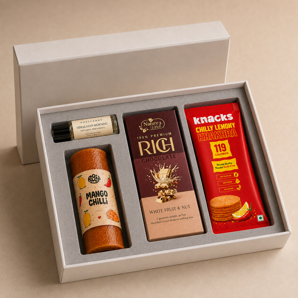Indian Welcome luxury gift hamper by Pitara Studio — 4 pieces from independent Indian makers in Eco Kraft Box