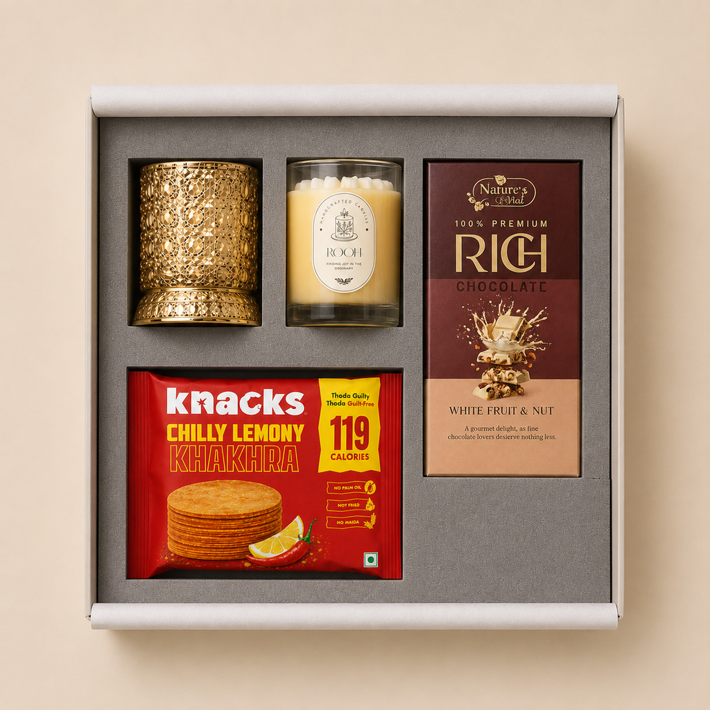 Light & Indulgence luxury gift hamper by Pitara Studio — 4 pieces from independent Indian makers in Signature Box with Foam Insert