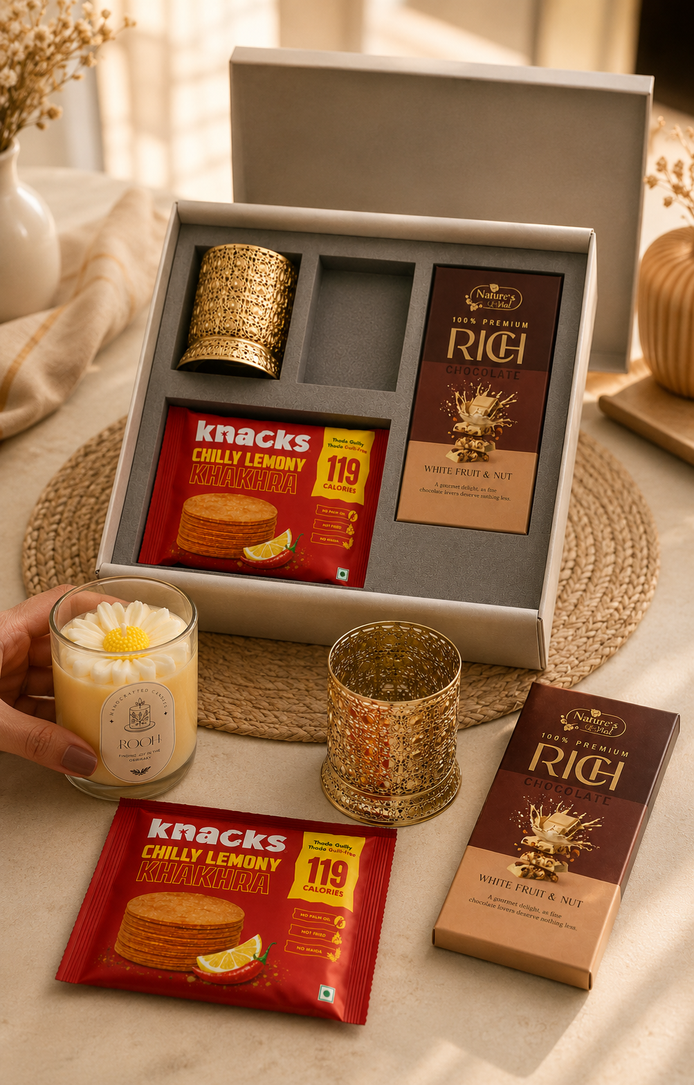 Light & Indulgence luxury gift hamper by Pitara Studio — 4 pieces from independent Indian makers in Signature Box with Foam Insert
