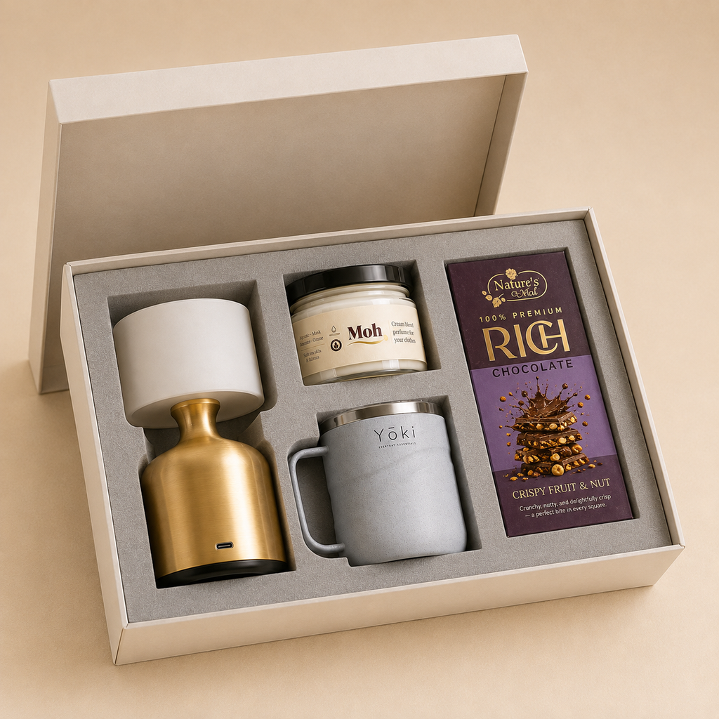 Milestone luxury gift hamper by Pitara Studio — 4 pieces from independent Indian makers in Signature Box with Foam Insert