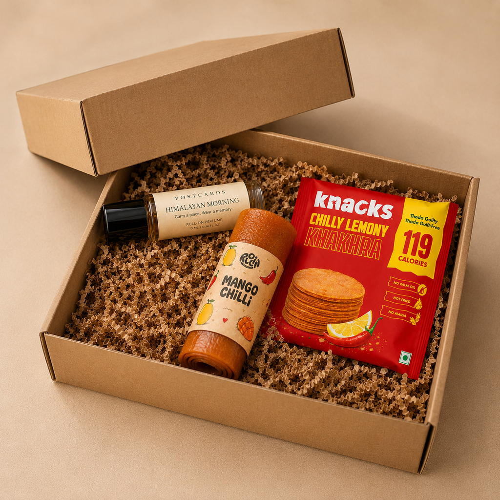 Mini India Edit luxury gift hamper by Pitara Studio — 3 pieces from independent Indian makers in Eco Kraft Box