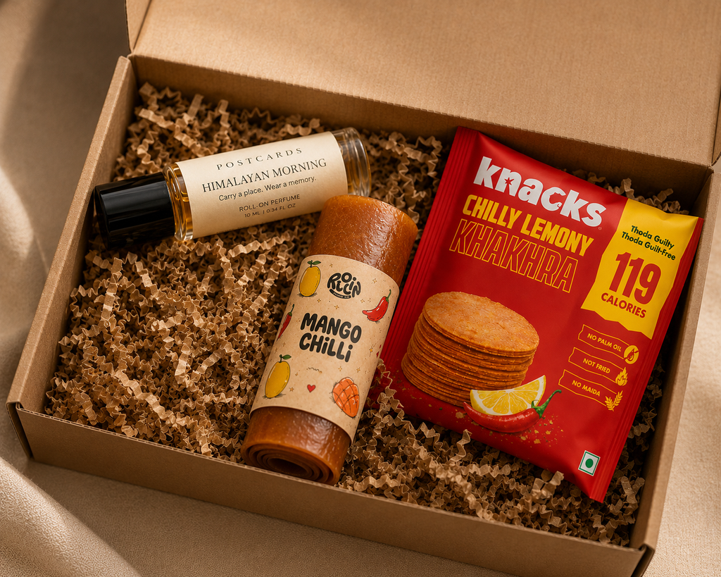 Mini India Edit luxury gift hamper by Pitara Studio — 3 pieces from independent Indian makers in Eco Kraft Box
