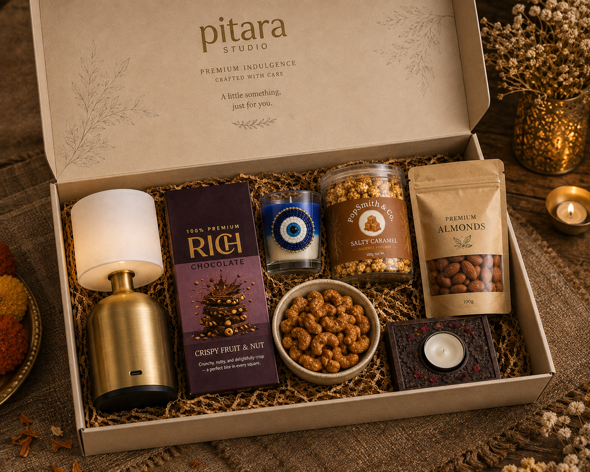 Modern Diwali luxury gift hamper by Pitara Studio — 6 pieces from independent Indian makers in Signature Box with Foam Insert