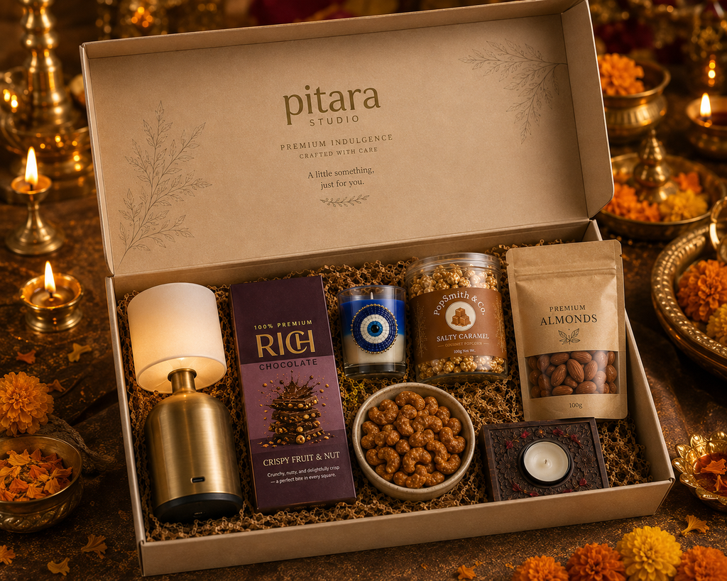 Modern Diwali luxury gift hamper by Pitara Studio — 6 pieces from independent Indian makers in Signature Box with Foam Insert