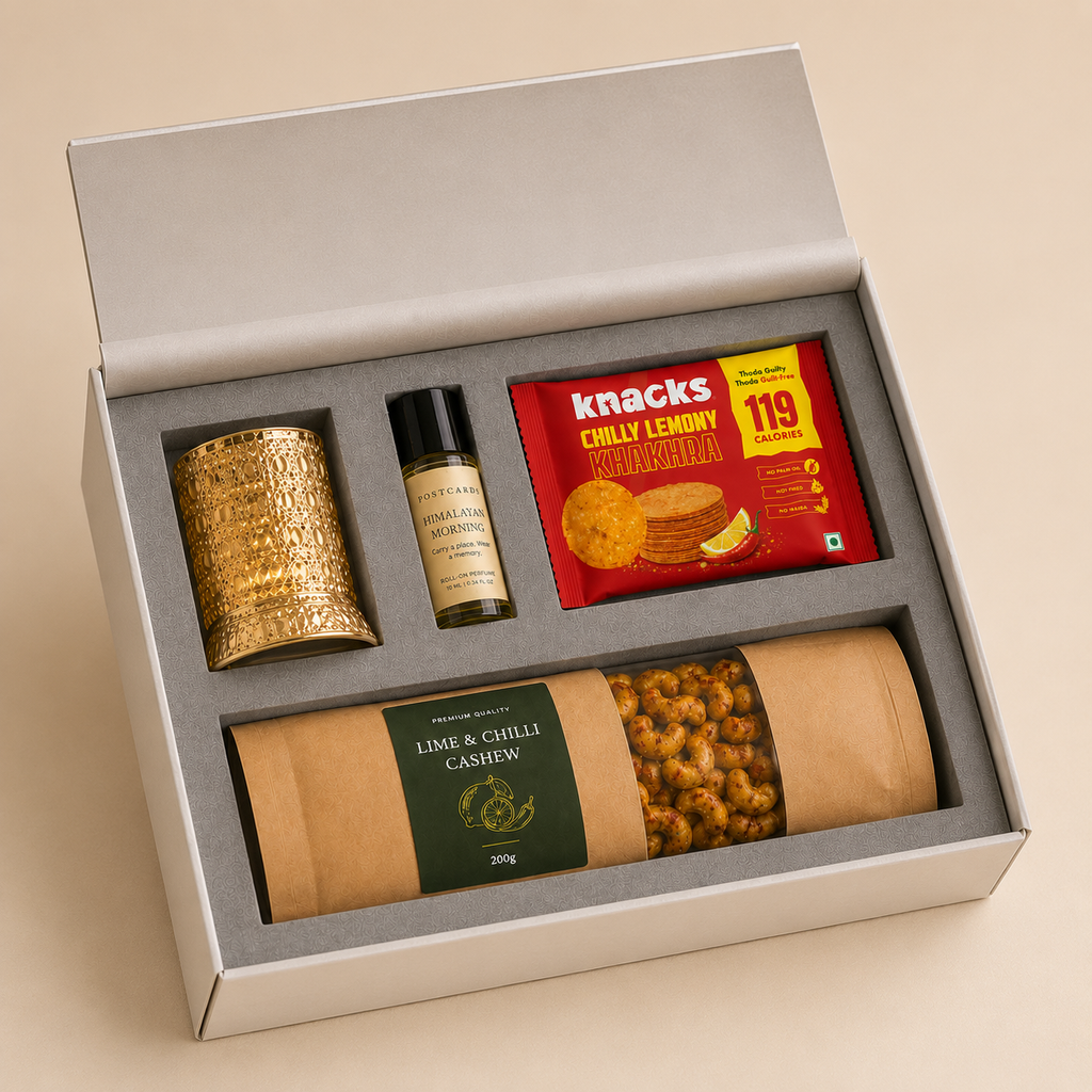 Modern Indian luxury gift hamper by Pitara Studio — 4 pieces from independent Indian makers in Signature Box with Foam Insert