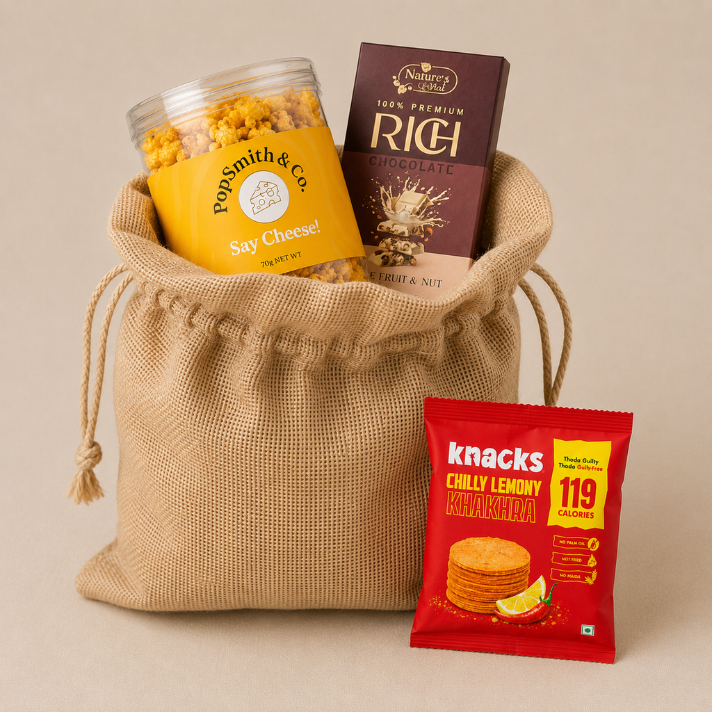 Movie Night luxury gift hamper by Pitara Studio — 3 pieces from independent Indian makers in Jute Potli