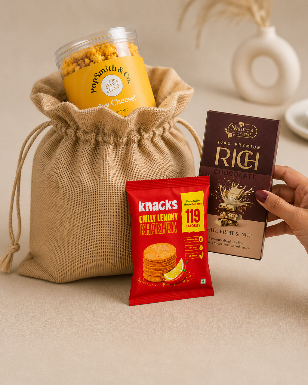 Movie Night luxury gift hamper by Pitara Studio — 3 pieces from independent Indian makers in Jute Potli