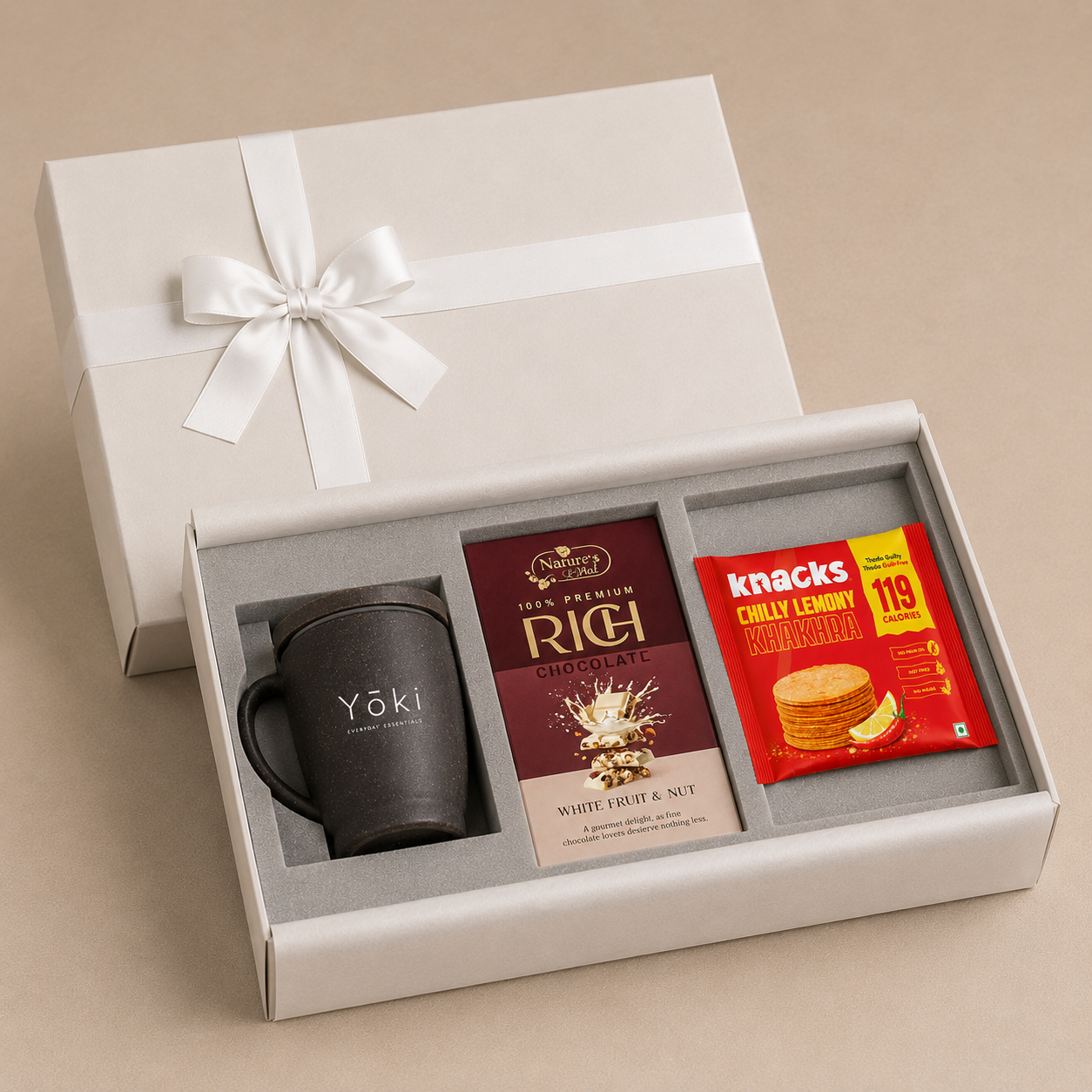 Mug & Chocolate luxury gift hamper by Pitara Studio — 3 pieces from independent Indian makers in Signature Box with Foam Insert