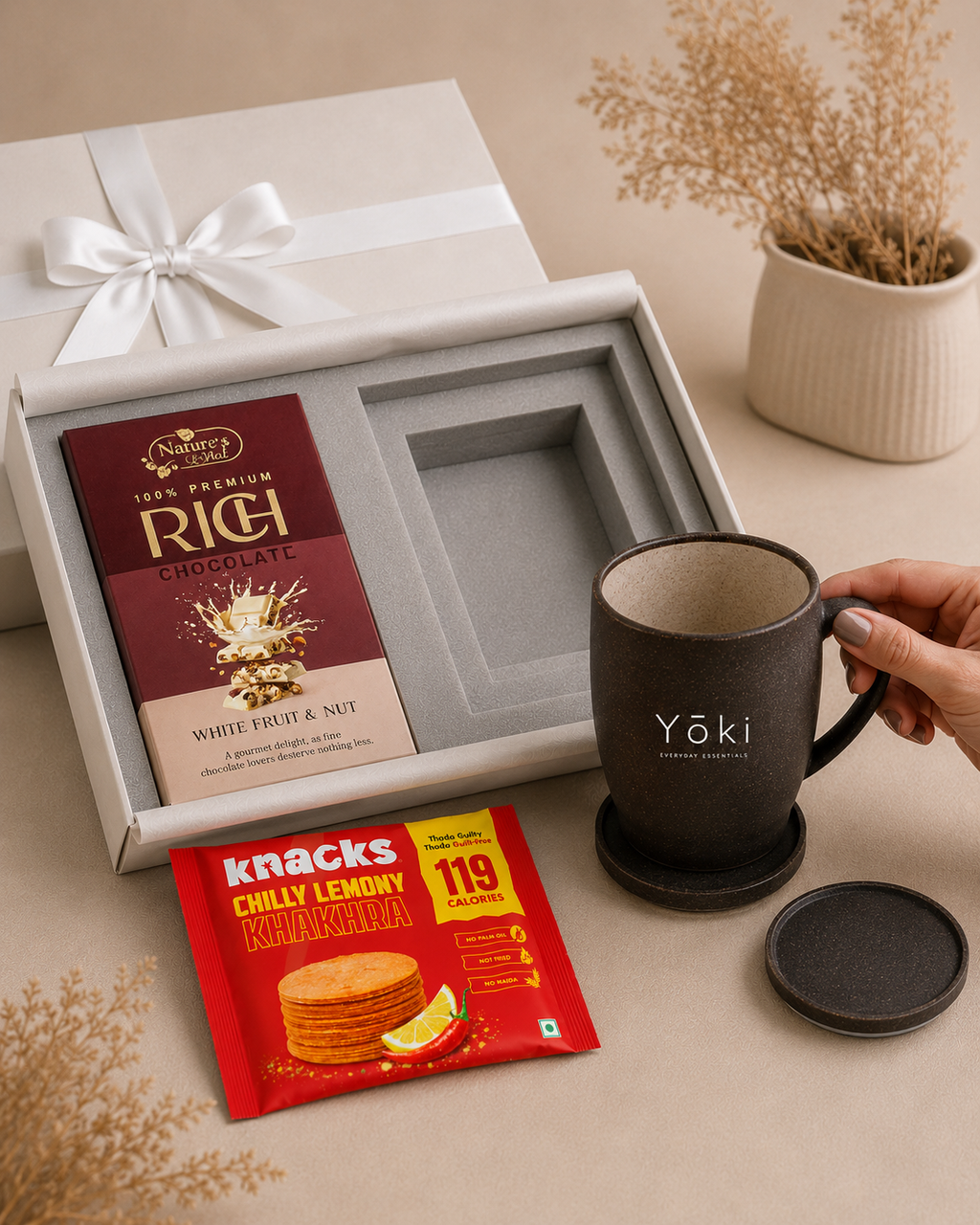 Mug & Chocolate luxury gift hamper by Pitara Studio — 3 pieces from independent Indian makers in Signature Box with Foam Insert