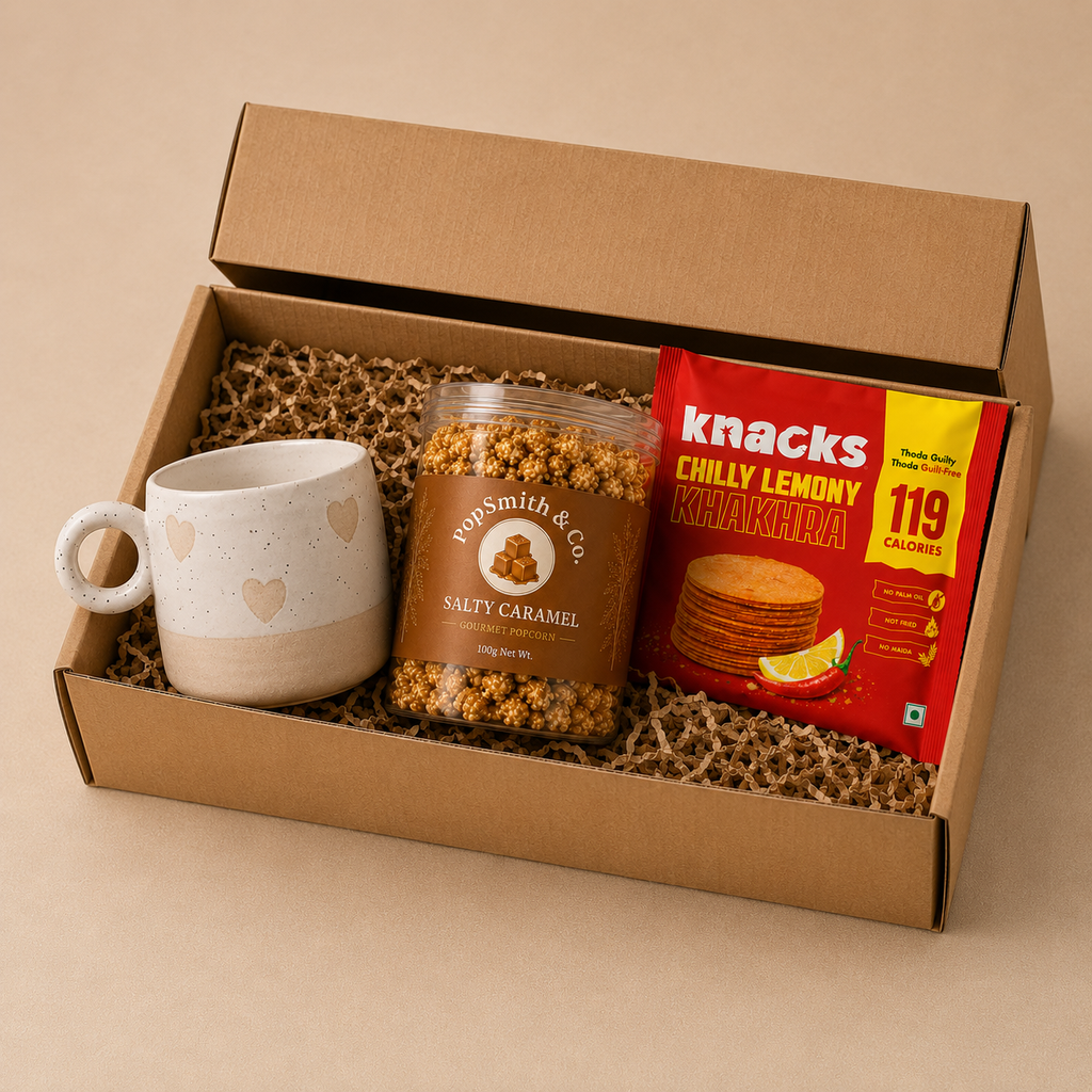 Popcorn Box luxury gift hamper by Pitara Studio — 3 pieces from independent Indian makers in Eco Kraft Box