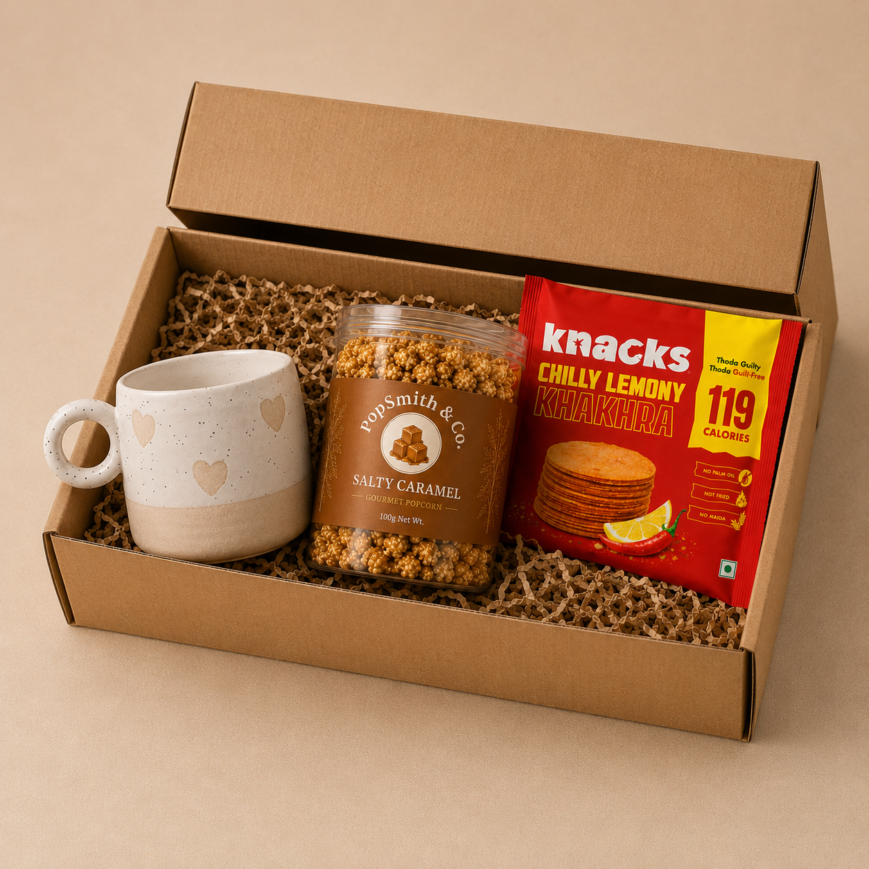 Popcorn Box luxury gift hamper by Pitara Studio — 3 pieces from independent Indian makers in Eco Kraft Box