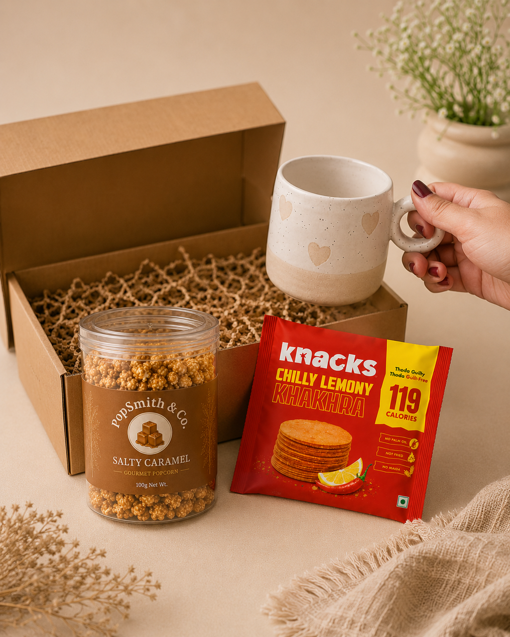 Popcorn Box luxury gift hamper by Pitara Studio — 3 pieces from independent Indian makers in Eco Kraft Box